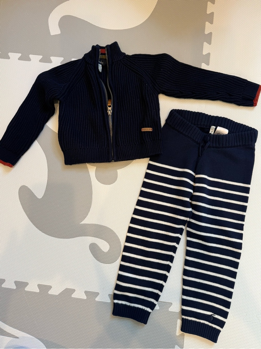Joules Navy Knit Zip Sweater & Striped Knit Pants Set UK